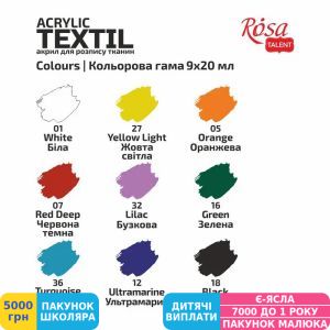 Фото №3 - Набір акрилових фарб для тканин ROSA Talent Style, 9 кол., 20 мл (13420211)