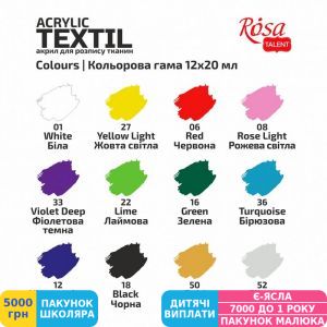 Фото №6 - Набор акриловых красок для тканей ROSA Talent Heart, 12 цв., 20 мл (13420214)